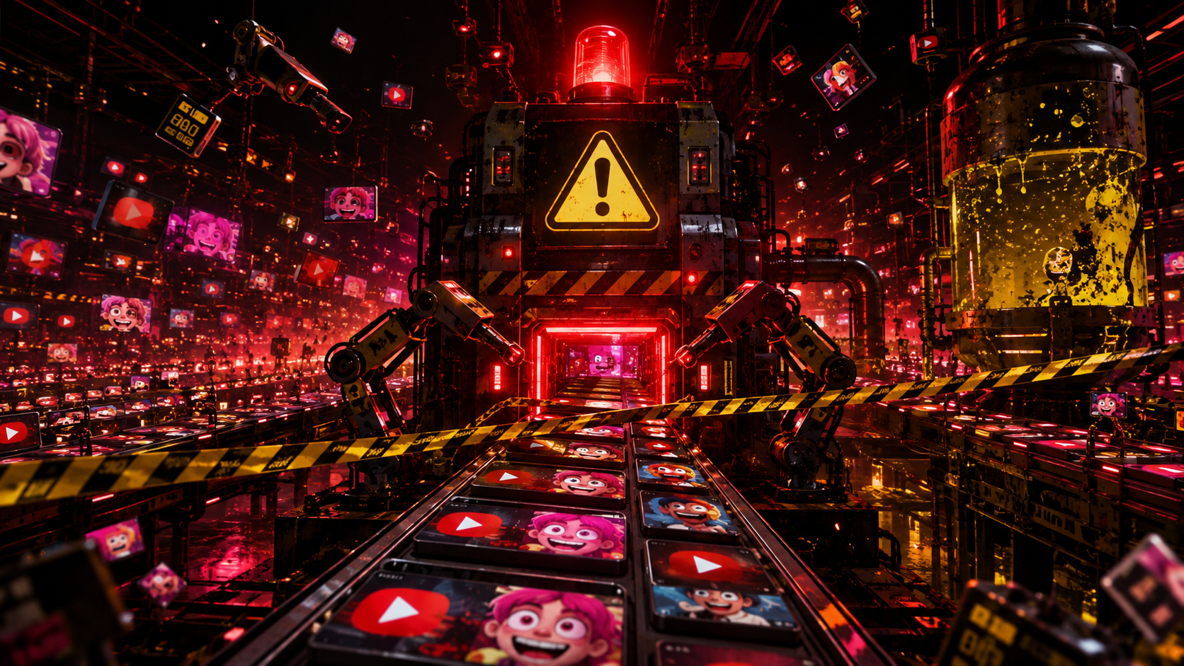Child watching an industrial factory of robotic arms and conveyor belts producing endless synthetic cartoon thumbnails.